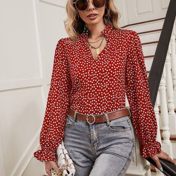 New Ditsy Floral Print Notch Neck Flounce Sleeve Blouse Red and White - Picture 2 of 5